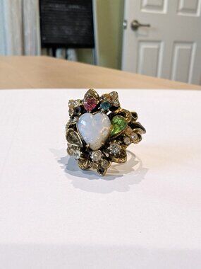 Vintage Heart Gem Flower Adjustable Ring